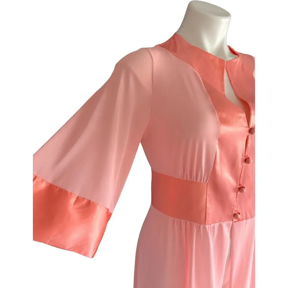 Vintage Gossard Artemis Nylon Peachy Colorblock Robe 1970s Satin Trim Medium